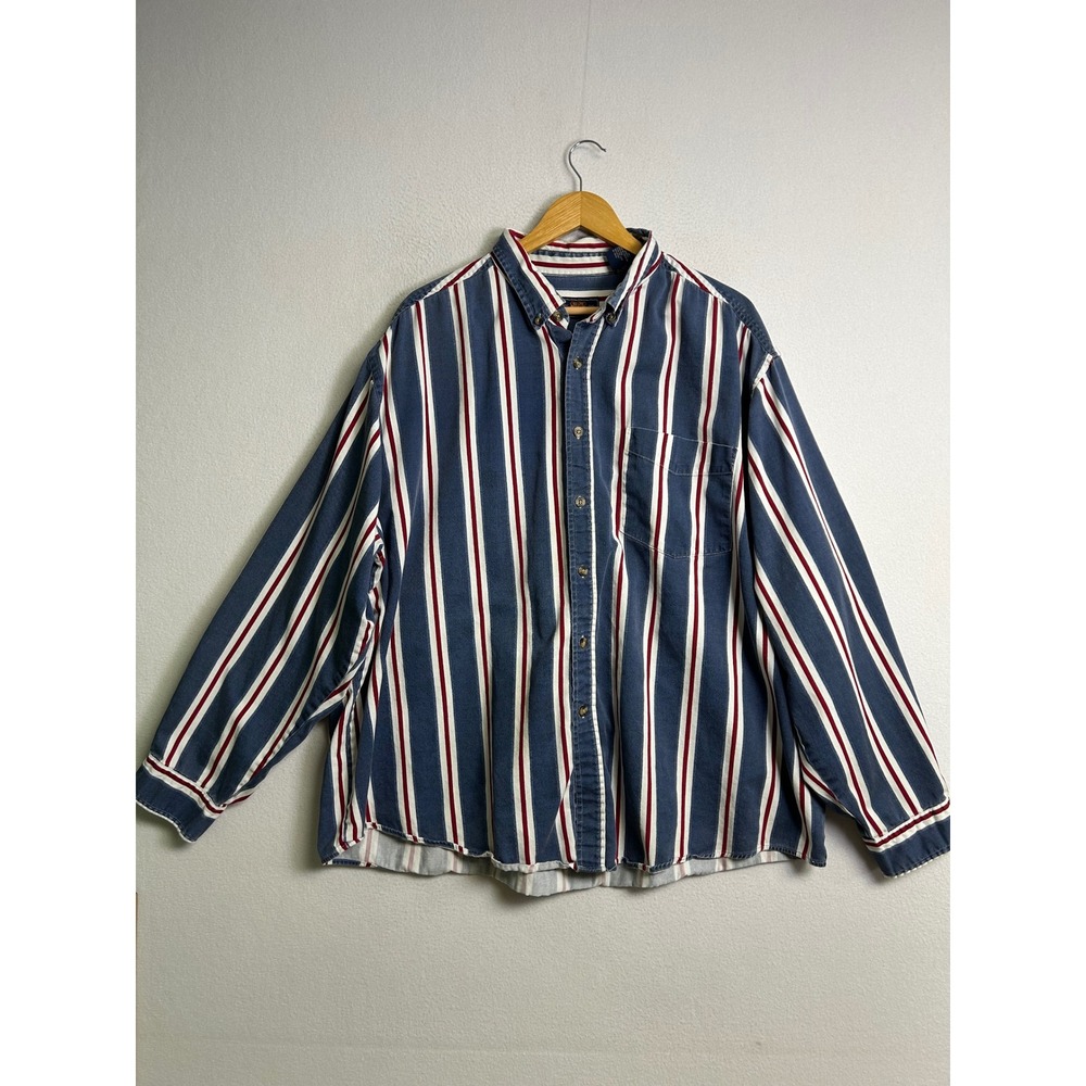 Vintage 90s Americana Route 66 Mens 3X Blue Red Striped Button Up Shirt